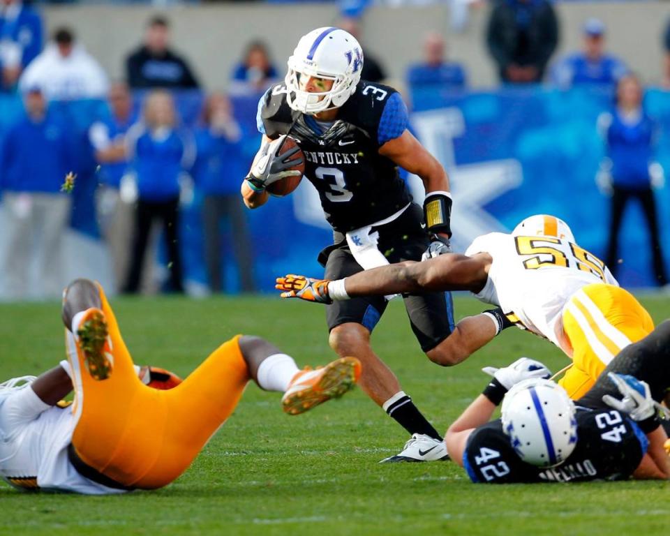 A wide receiver forced by injuries to play quarterback, Matt Roark (3) ran for 124 yards in 2011 and directed Kentucky to a 10-7 victory over Tennessee that snapped a 26-game losing streak for the Wildcats against the Volunteers.