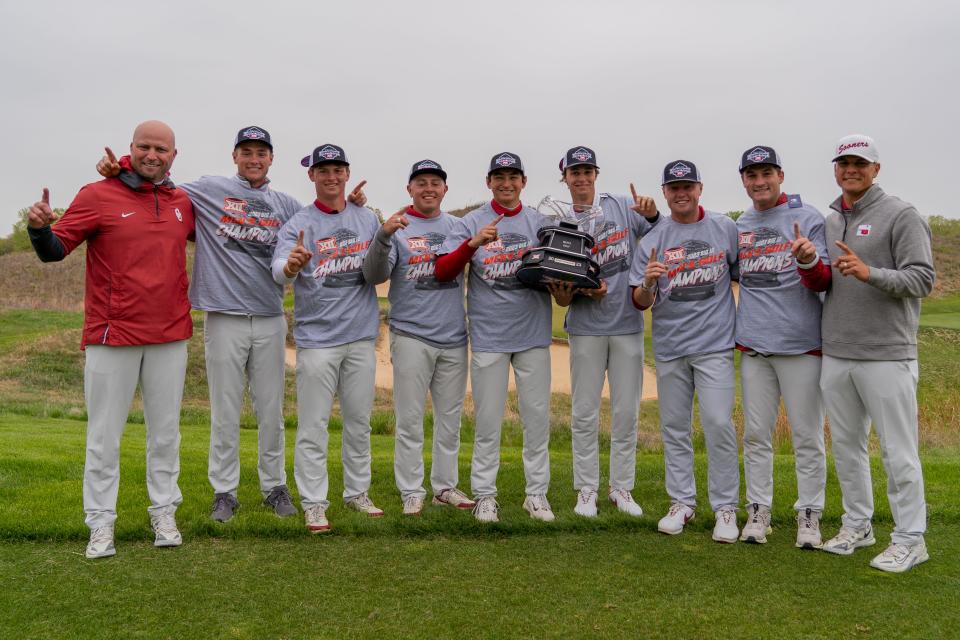 Coach Ryan Hybl (left) and the OU men's golf team captured their third Big 12 title since 2018 on Wednesday.