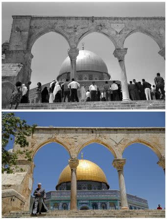 A combination picture shows Palestinians standing in front of the Dome of the Rock on the compound known to Muslims as Noble Sanctuary and to Jews as Temple Mount, in Jerusalem's Old City, in this Government Press Office handout photo, taken June 23, 1967 (top) and the same location May 17, 2017. REUTERS/Moshe Pridan/Government Press Office/Handout via Reuters (top)/Ammar Awad