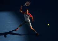 Grigor Dimitrov of Bulgaria hits a return to Rafael Nadal of Spain during their men's singles quarter-final tennis match at the Australian Open 2014 tennis tournament in Melbourne January 22, 2014. REUTERS/David Gray