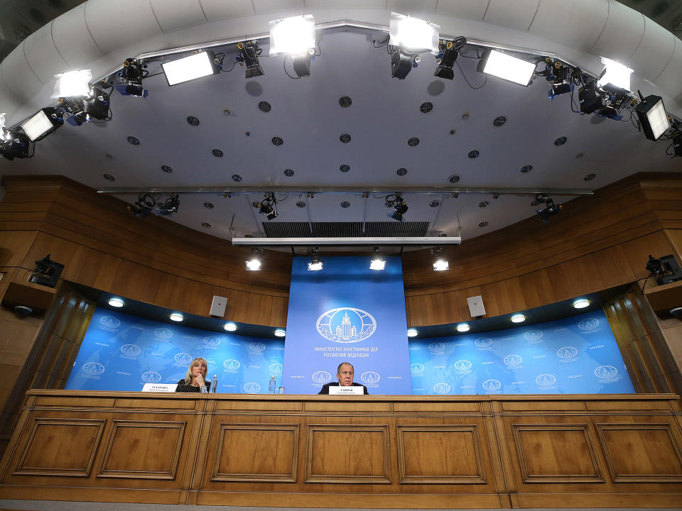 Russian Foreign Ministry spokesperson Maria Zakharova (L) and Russia's Foreign Minister Sergei Lavrov during the press conference: Valery Sharifulin/TASS