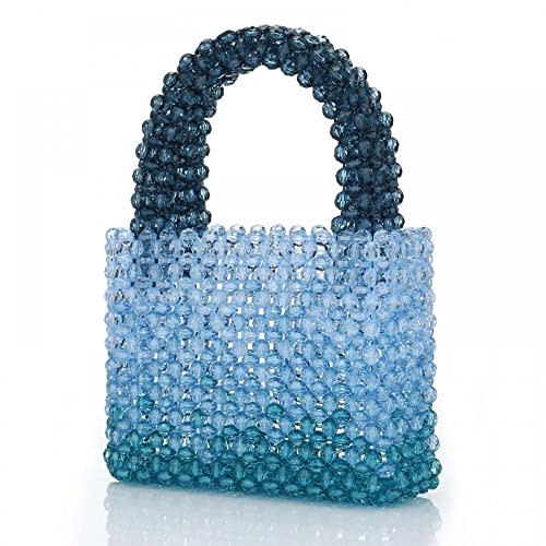 Women Acrylic Purse Mini Beaded Evening Handbags Handmade Gradient Transparent Blue Beads Tote Bags for Wedding,Beach,Party (Medium)