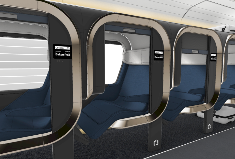 Large “cocoon” seating pods with pull-down privacy screens are one type of seating option being considered by the California High-Speed Rail Authority as it designs the interiors of its future trainsets.