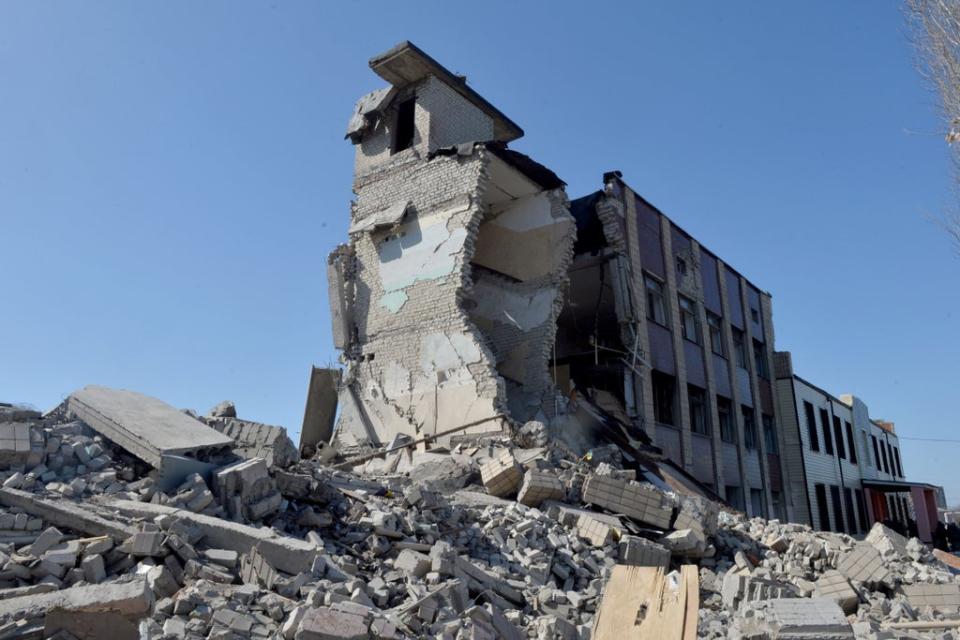 A picture taken on March 23, 2022 shows the damage at a school which has been destroyed in a Russian air bomb in Kharkiv. (AFP via Getty Images)
