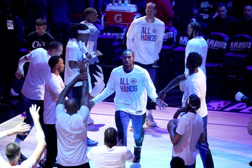 Los Angeles, CA, Tuesday, April 23, 2024 - Kawhi Leonard of the LA Clippers is introduced at the start of game vs. the Dallas Mavericks in game two of the NBA Western Conference playoffs at Crypto.Com Arena. (Robert Gauthier/Los Angeles Times)