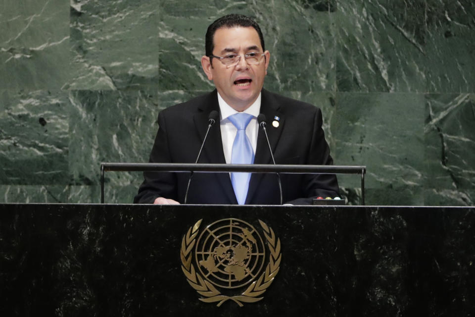 Guatemala's President Jimmy Morales addresses the 73rd session of the United Nations General Assembly Tuesday, Sept. 25, 2018, at the United Nations headquarters. (AP Photo/Frank Franklin II)