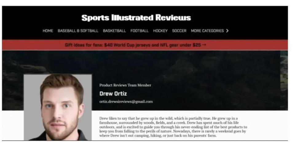 Pictured is the author bio of a fictitious writer named Drew Ortiz, generated by artificial intelligence. Reputed magazine Sports Illustrated was found to have used A.I. in order to write articles under the publication's name.