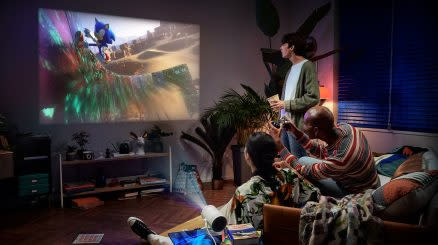  Samsung The Freestyle Gen 2 portable projector playing Sonic the Hedgehog on a wall 