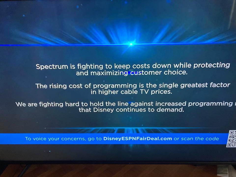 A photo of what Spectrum cable television customers saw from Sept. 1 until Monday when they tried to watch ESPN, Disney Channel or other Disney owned channels. Disney pulled its programming after reaching an impasse in contract talks with Spectrum. An agreement was announced Monday.