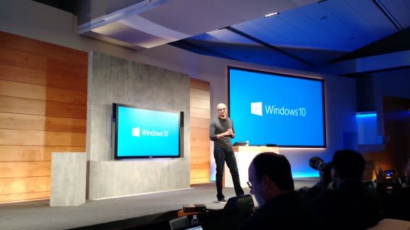 Microsoft chief executive Satya Nadella speaks at a Microsoft Windows press event at company headquarters in Redmond, Wash., on Jan. 21.