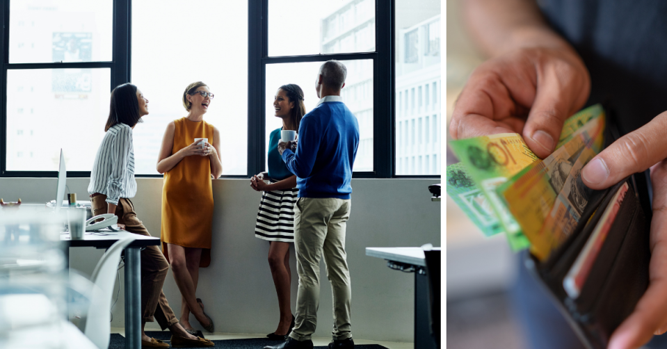 A group of colleagues stand in an office chatting and laughing. A person removing Australian $50 and $100 notes from a wallet.