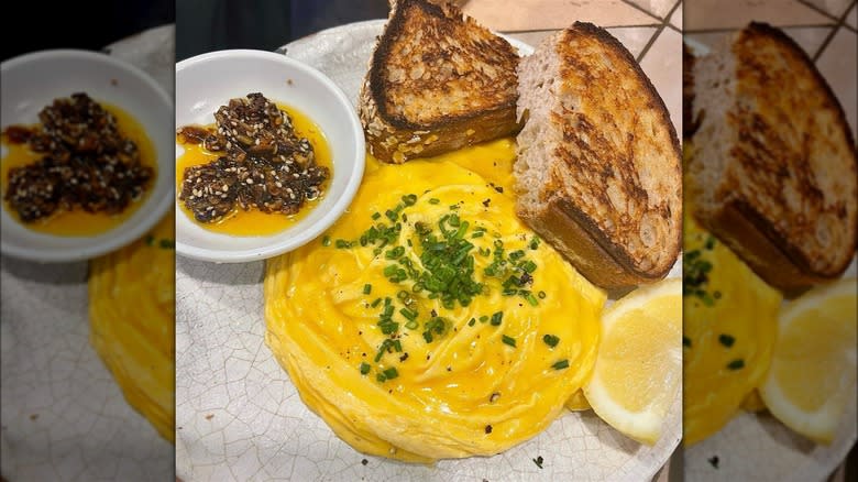 Piña's eggs with toast and chili oil