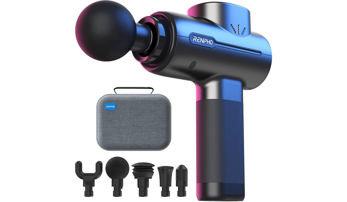 A massage gun along with a case and five different head attachments