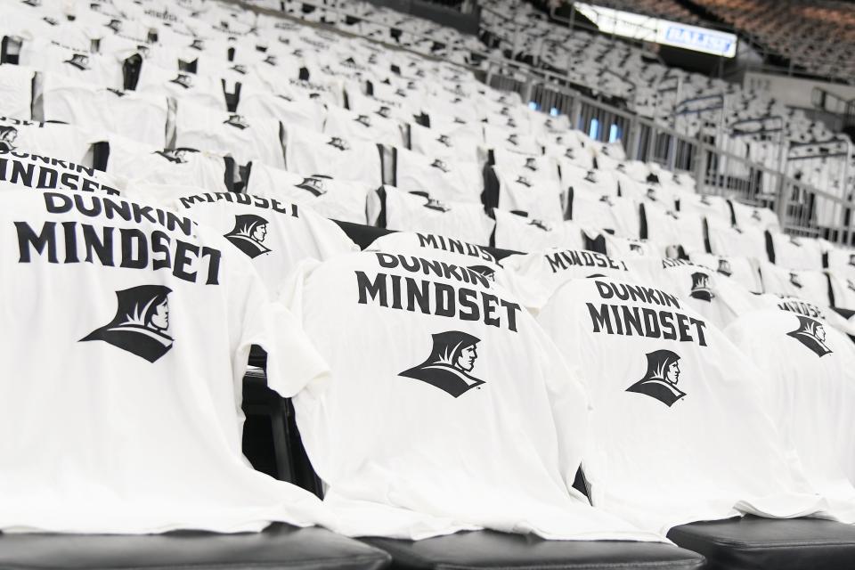 A view of Providence T-shirts draped over the seats at Amica Mutual Pavilion before Saturday's game against Georgetown.