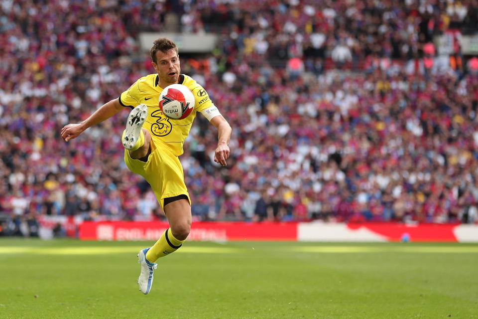 LONDON, ENGLAND - APRIL 17: Cesar Azpilicueta of Chelsea during The FA Cup Semi-Final match between Chelsea and Crystal Palace at Wembley Stadium on April 17, 2022 in London, England. (Photo by James Williamson - AMA/Getty Images)