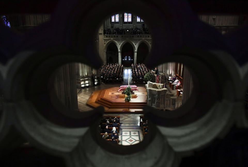 <p>The casket of former US president George H. W. Bush during the funeral.</p>