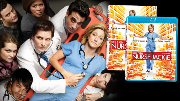 Dominic Fumusa as Kevin Peyton, Anna Deavere Smith as Mrs. Akalitus, Bobby Cannavale as Dr. Mike Cruz, Paul Schulze as Eddie, (center row) Merritt Wever as Zoey, Peter Facinelli as Dr. Cooper, Edie Falco as Jackie Peyton, Stephen Wallem as Thor, (bottom row) Arjun Gupta as Sam, and Eve Best as Dr. O\'Hara in Nurse Jackie (Season 4)