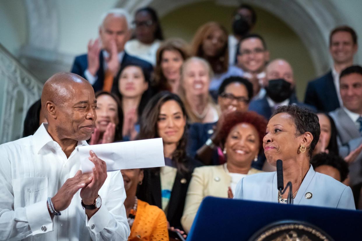 New York City Mayor Eric Adams (left) and New York City Council Speaker Adrienne Adams, D-Queens (right) at City Hall in lower Manhattan, New York on Friday, June 10, 2022. 