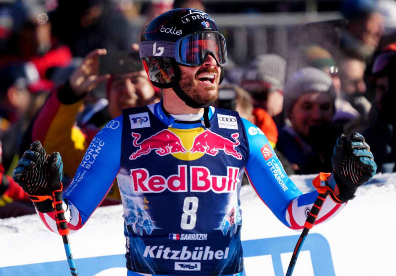 France's Cyprien Sarrazin reacts after his run in the Men's World Cup downhill in Kitzbuehel. Georg Hochmuth/APA/dpa