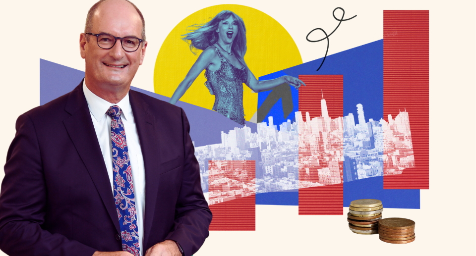 David Koch in front of a graphic of buildings, money and Taylor swift.