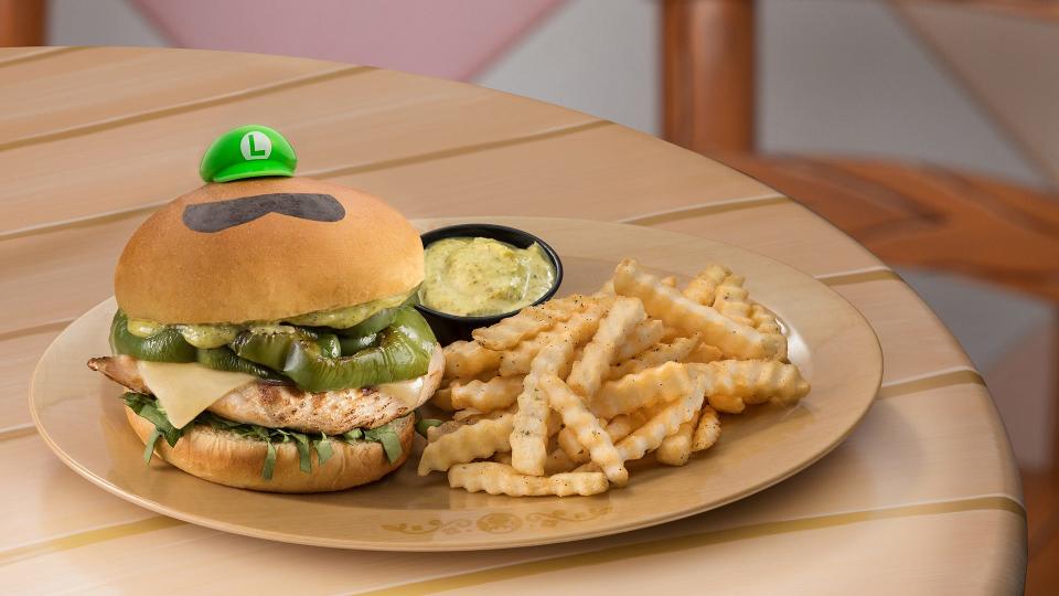 The Luigi Burger at Super Nintendo World's Toadstool Cafe, which is inside Universal Studios Hollywood in Southern California.