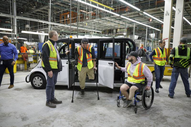 Ret. U.S. Marine Tyler Vargas Andrews and his business partner, active Utah National Guard member Jake Simmons, toured Dearborn Truck Plant on Tuesday, Feb. 13, 2024. Andrews received a new Ford F-150 Raptor R from Ford after his 2023 Raptor was wrecked in an accident.