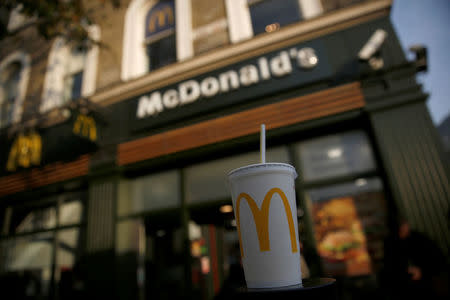 A branded soft drink sits outside a McDonald's restaurant in London, Britain December 9, 2016. REUTERS/Neil Hall