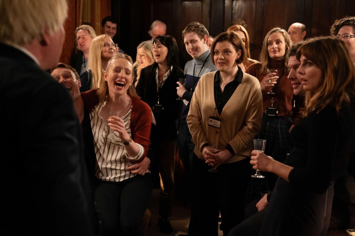 Boris Johnson (Jon Culshaw), Alice Lyons (Alice Orr-Ewig), Grace Greenwood (Georgie Henley), Rory Baskerville (Tom Durant-Pritchard), Annabel D'Acre (Ophelia Lovibond) star in Partygate docudrama