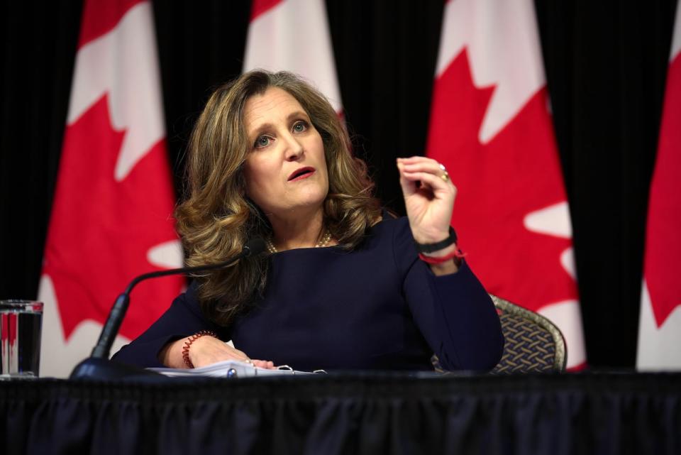 Finance Minister Chrystia Freeland answers questions about the new federal budget in Ottawa on April 16, 2024.