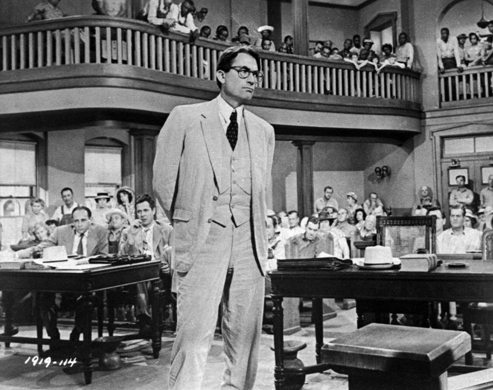 Gregory Peck is shown as attorney Atticus Finch, a small-town Southern lawyer who defends a black man accused of rape, in a scene from the 1962 movie "To Kill a Mockingbird."   The film is among the American Film Institute's best courtroom drama movies.