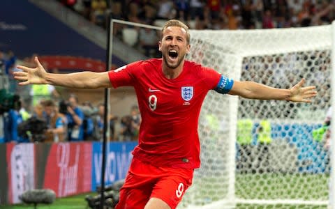 Harry Kane celebrates after scoring against Tunisia in Volgograd on Monday night - Credit: Julian Simmonds/For The Telegraph