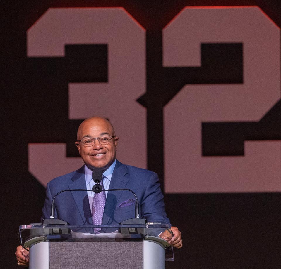 Mike Tirico served as the the master of ceremonies for a celebration of life for Jim Brown held Thursday at McKinley High School.
