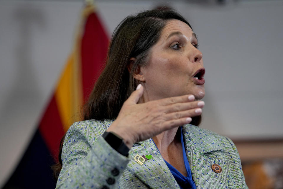 Arizona Rep. Stephanie Stahl Hamilton speaks prior to Arizona Gov. Katie Hobbs, signing the repeal of the Civil War-era near-total abortion ban, Thursday, May 2, 2024, at the Capitol in Phoenix. (AP Photo/Matt York)