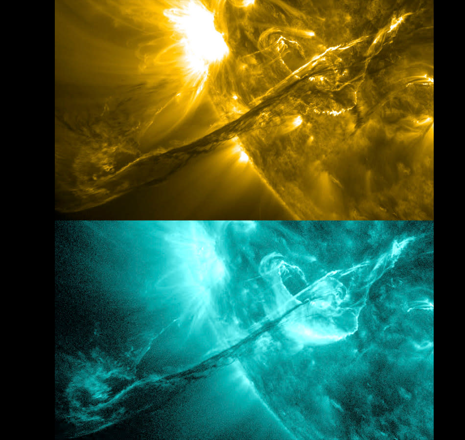 NASA’s Solar Dynamics Observatory (SDO) images of filament on the Sun are shown here in various wavelengths of light on August 31, 2012. Starting from the upper left and going clockwise they represent light in the: 335, 171, 304 and 131 Angstrom wavelengths. Since each wavelength of light generally corresponds to solar material at a particular temperature, scientists can compare images like this to observe how the material moves during an eruption. REUTERS/NASA/SDO/AIA/GSFC/Handout