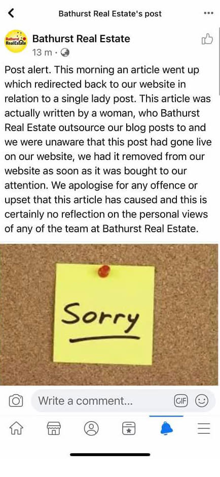 Bathurst Real Estate Agent apology for the blog post