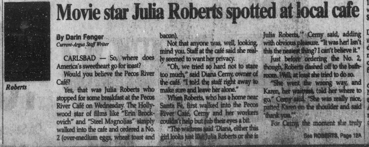 A clipping of an article in the Carlsbad Current-Argus describes Julia Roberts' visit to the Pecos River Cafe, Sept. 27, 2001.