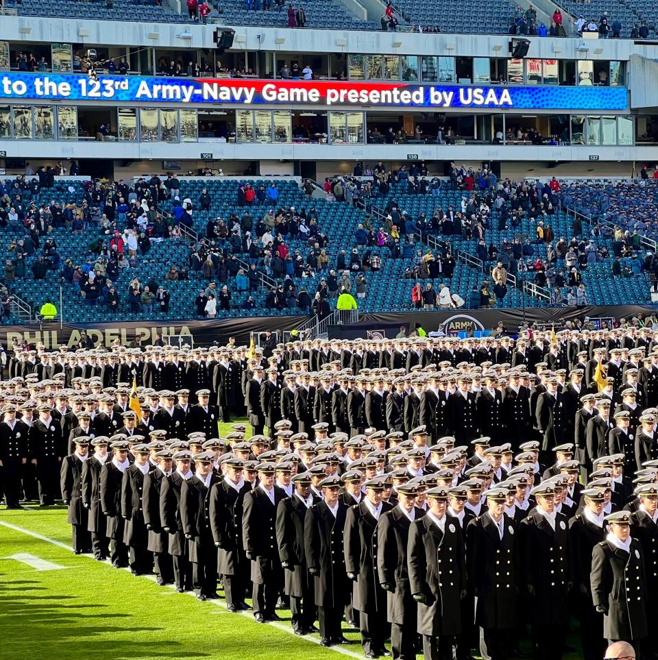 The Navy midshipman during the March On before the 123rd Army-Navy Game in Philadelphia on Dec. 10, 2022.