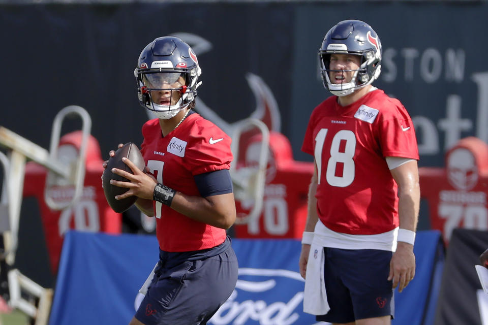 Texans backup Case Keenum (18) knows what an effective NFL quarterback looks like, and he thinks No. 2 overall pick C.J. Stroud has the makings of one. (AP Photo/Michael Wyke)