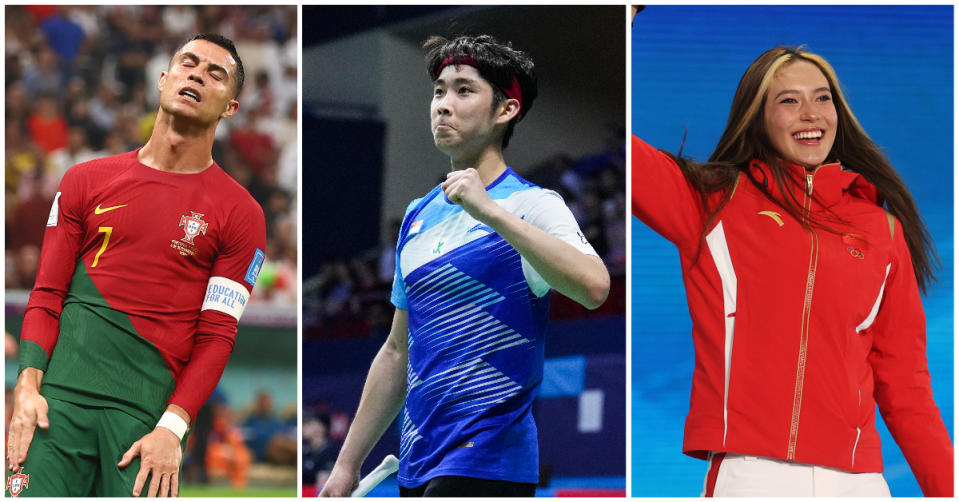 (From left) Cristiano Ronaldo, Loh Kean Yew and Eilee Gu were the most searched athletes on Yahoo! Singapore in 2022. (PHOTOS: Getty Images)
