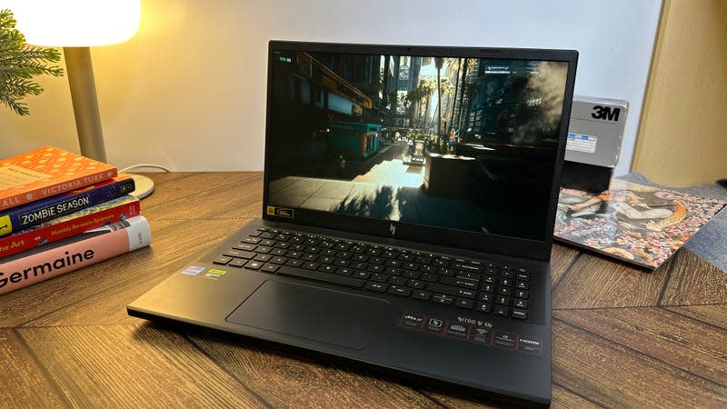 A budget gaming laptop like an Acer Nitro V15 might only contain up to an Nvidia GeForce RTX 4050 graphics card, but you can still boost performance in games well past its common limitations. - Photo: Kyle Barr / Gizmodo