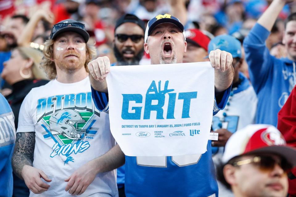 Lions fans cheer for a play against San Francisco 49ers during the first half of the NFC championship game at Levi's Stadium in Santa Clara, California, on Sunday, Jan. 28, 2024.