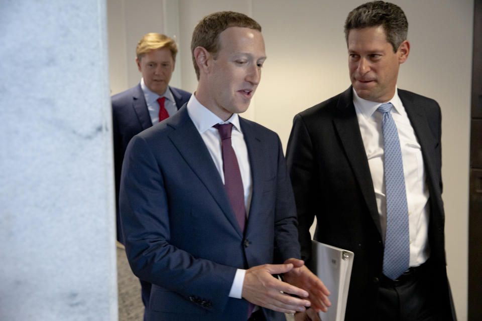 WASHINGTON, DC - SEPTEMBER 19: Facebook founder and CEO Mark Zuckerberg (L) and Facebook's Vice President of Global Public Policy, Joel Kaplan (R) chat after leaving a meeting with Senator John Cornyn (R-TX) in his office on Capitol Hill on September 19, 2019 in Washington, DC. Zuckerberg is making the rounds with various lawmakers in Washington today. (Photo by Samuel Corum/Getty Images)