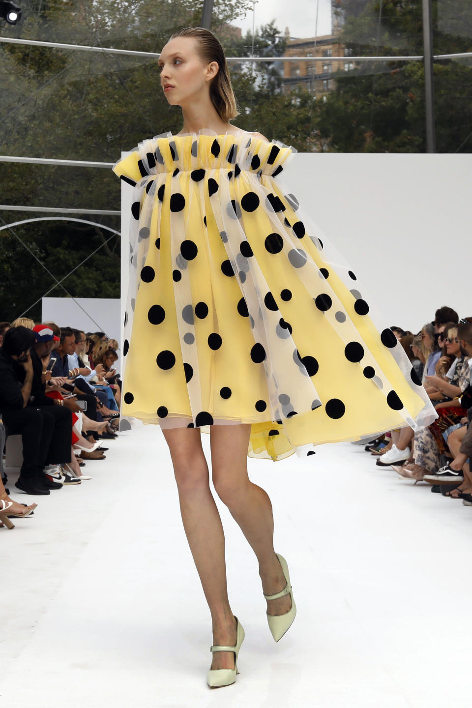 The Carolina Herrera collection is modeled during Fashion Week, in New York, Monday, Sept. 9, 2019. (AP Photo/Richard Drew)