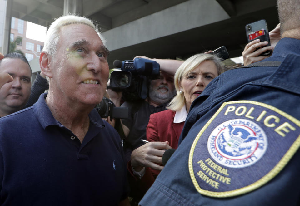 FILE - In this Friday, Jan. 25, 2019 file photo, Roger Stone, a confidant of President Donald Trump, leaves the federal courthouse following a hearing in Fort Lauderdale, Fla. Stone was arrested earlier in the day in the special counsel's Russia investigation and was charged with lying to Congress and obstructing the probe. On Friday, Feb. 1, 2018, The Associated Press has found that stories circulating on the internet that more armed FBI agents were sent to arrest Stone than the military sent to get Osama bin Laden, are untrue. (AP Photo/Lynne Sladky)