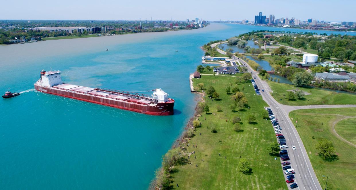 The Mark W. Barker of the Interlake Steamship Company ran aground on Belle Isle in Detroit on Wednesday morning May 17, 2023.
