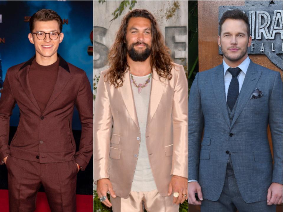 Side by side of the actors. Chris Hemsworth in black suit. Tom in burgundy suit. Jason in shiny blush pink suit. Chris Pratt in grey suit.