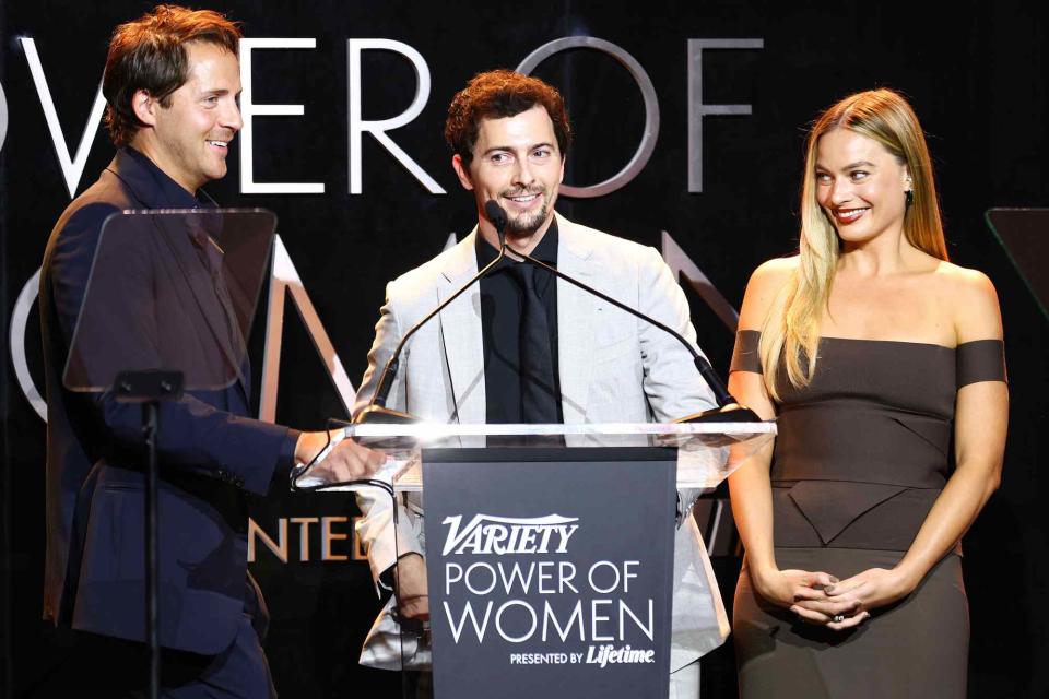 <p>Joe Scarnici/Variety via Getty </p> Tom Ackerley, Josey McNamara and Margot Robbie at Variety