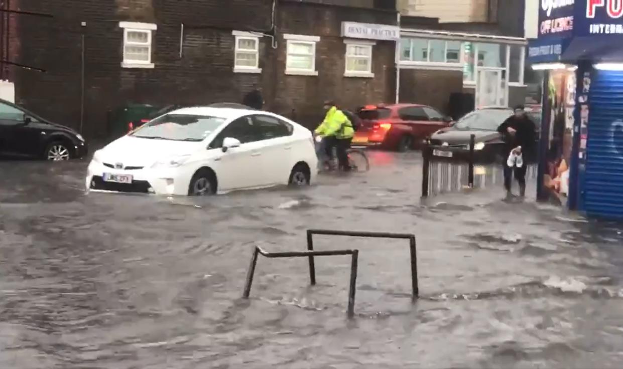 ‘Torrential downpours revisited London on Saturday – but people still drove through floodwaters’ (PA)