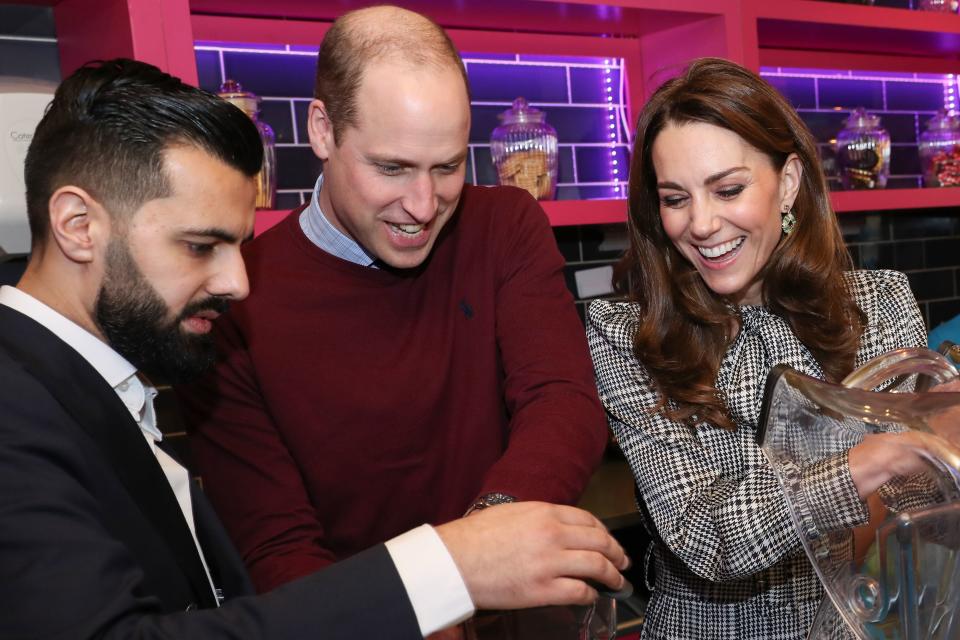 Britain&#39;s Prince William, Duke of Cambridge and Britain&#39;s Catherine, Duchess of Cambridge help make glasses of Kulfi lassi during a visit to the British Asian &#39;MyLahores&#39; flagship restaurant in Bradford on January 15, 2020, to learn about some of the community work undertaken by the restaurant. (Photo by Chris Jackson / POOL / AFP) (Photo by CHRIS JACKSON/POOL/AFP via Getty Images)