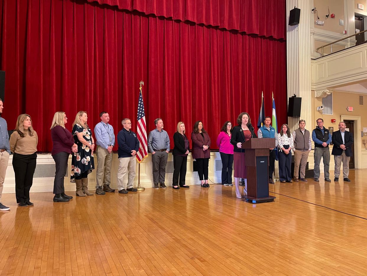 Burlington Mayor Emma Mulvaney-Stanak speaks at a press conference in Contois Auditorium April 25, 2024. Behind her stands the city's department heads. She addressed plans for FY25 and closing the $13 million budget deficit.